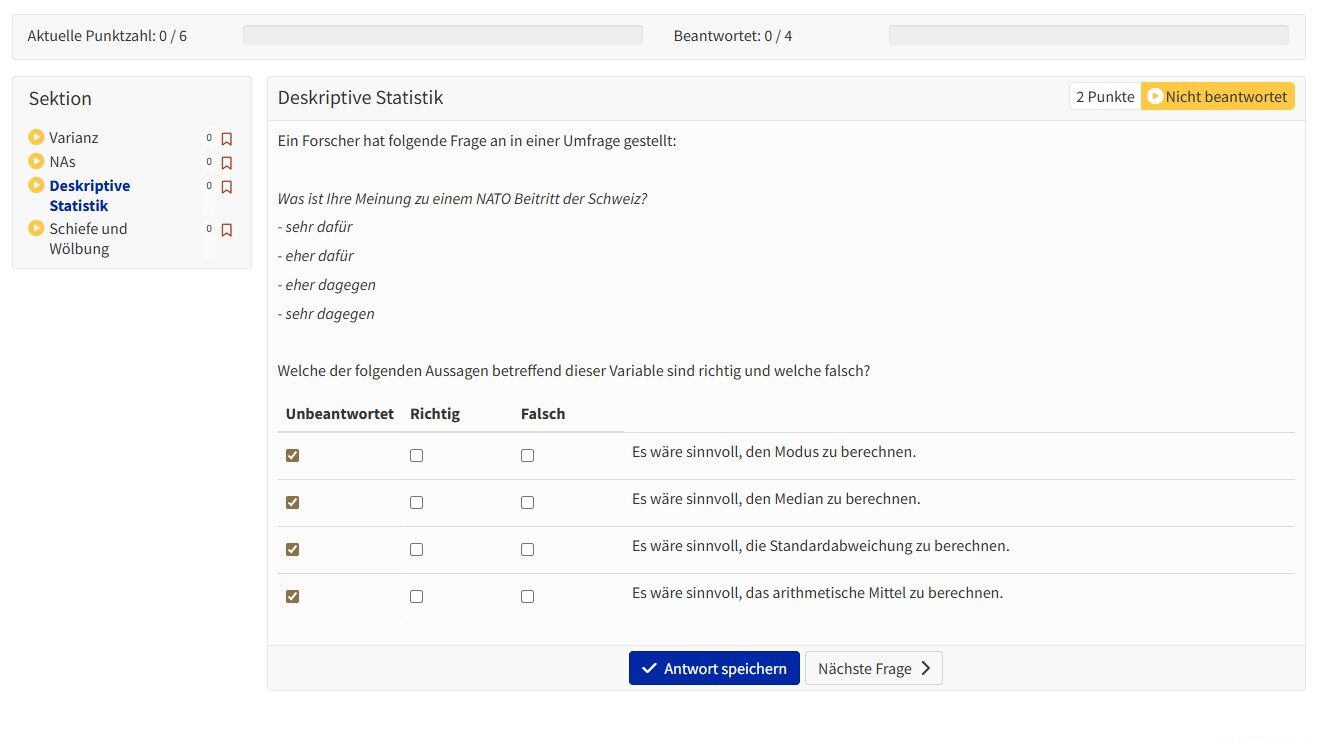 Beispiel Testfrage aus dem Übungstest zu deskriptiver Statistik